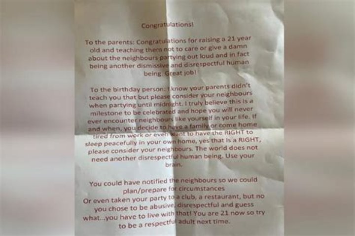 
Birthday boy slammed by neighbor in ruthless letter 